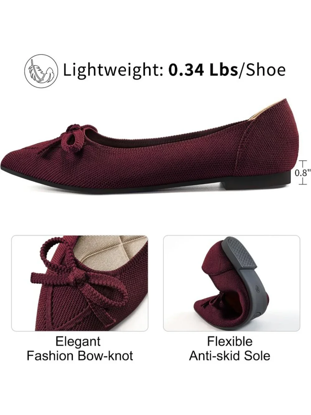 Women Wine Red Ballet Flats Shoes Dressy Pointed Toe Bow Knit Flats Comfortable